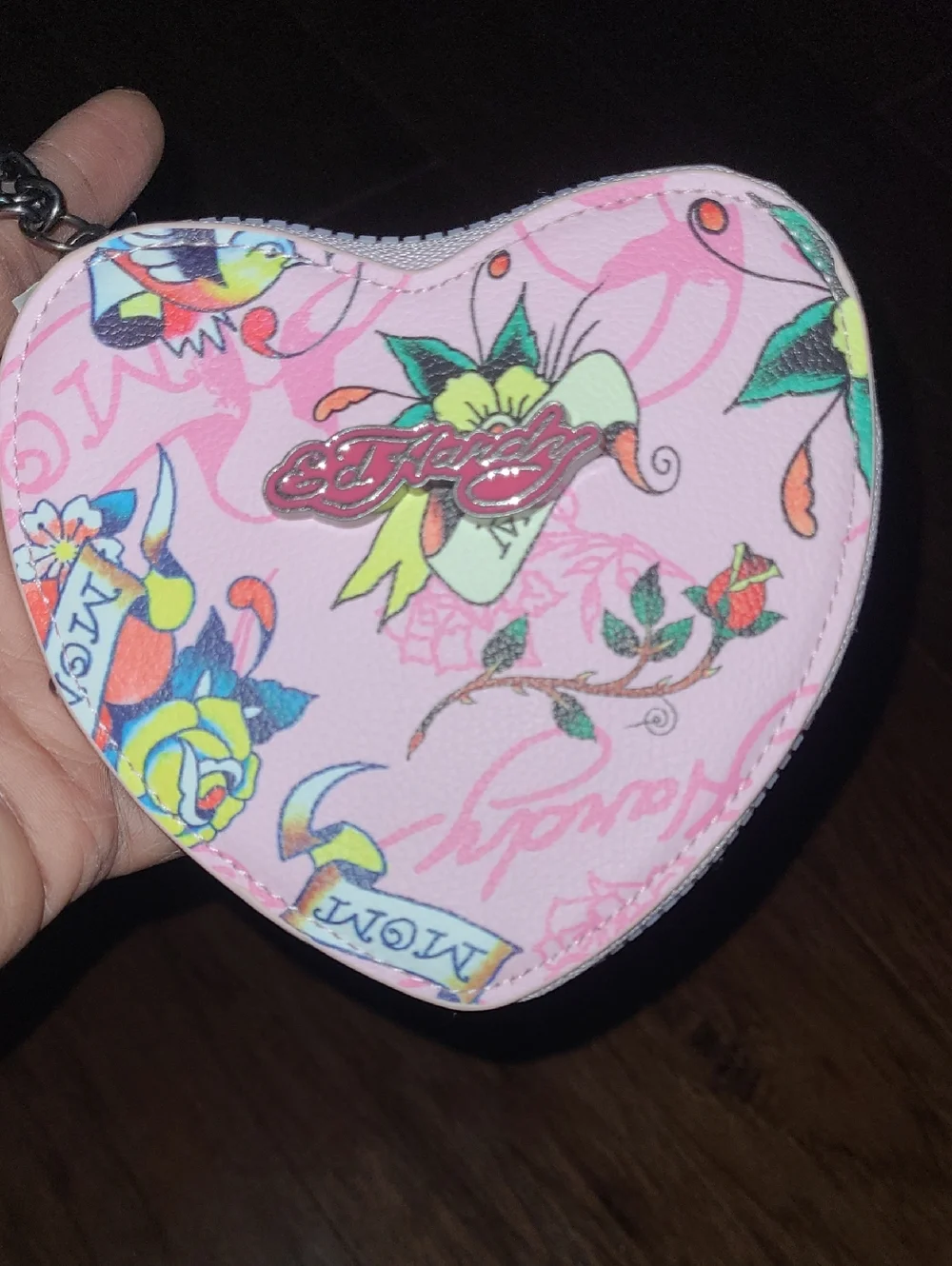 Ed Hardy Pink Heart-Shaped Tattoo Print Coin Pouch